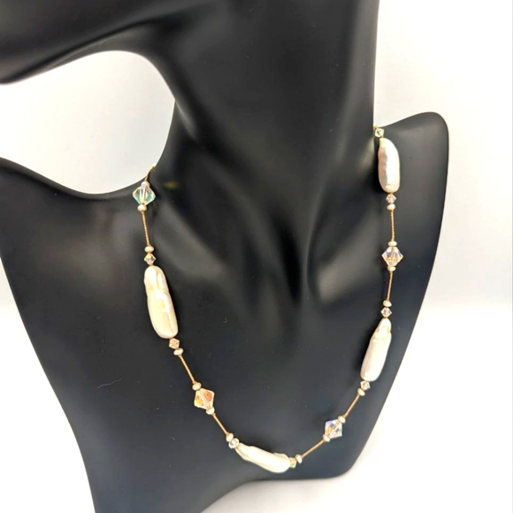 Beautiful Keshi Pearl Aurora Borealis Crystals Sterling Clasp Choker necklace - Picture 2 of 15